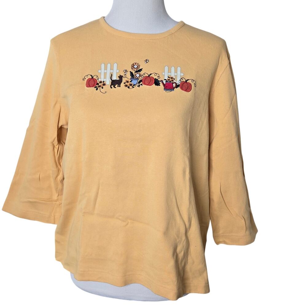 Christopher & Banks Fall Pumpkins Cat Top 3/4 Sleeve Yellow Embroidered Size XL - Picture 4 of 11